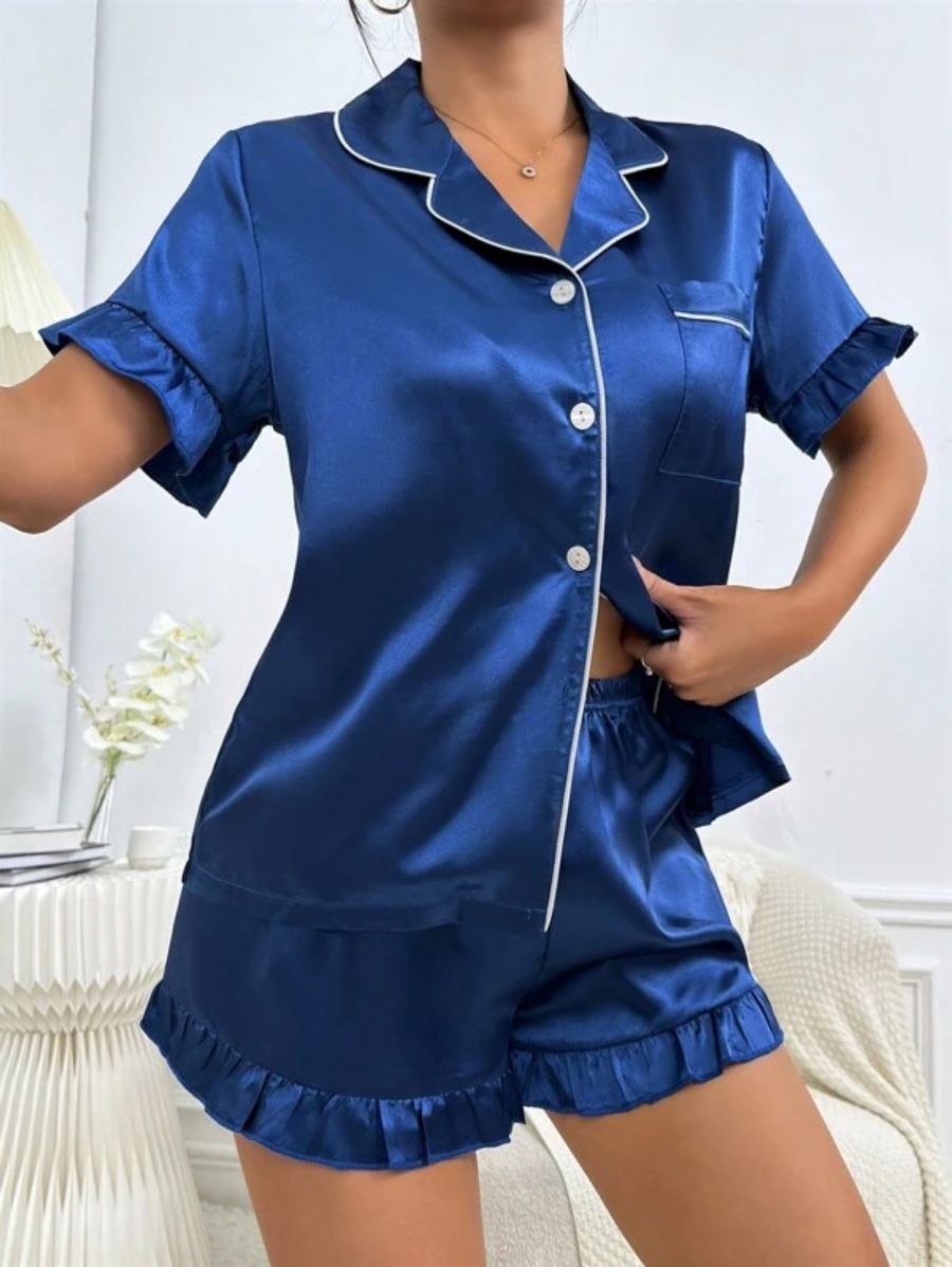 Contrast Binding Ruffle Trim Satin Set Blue