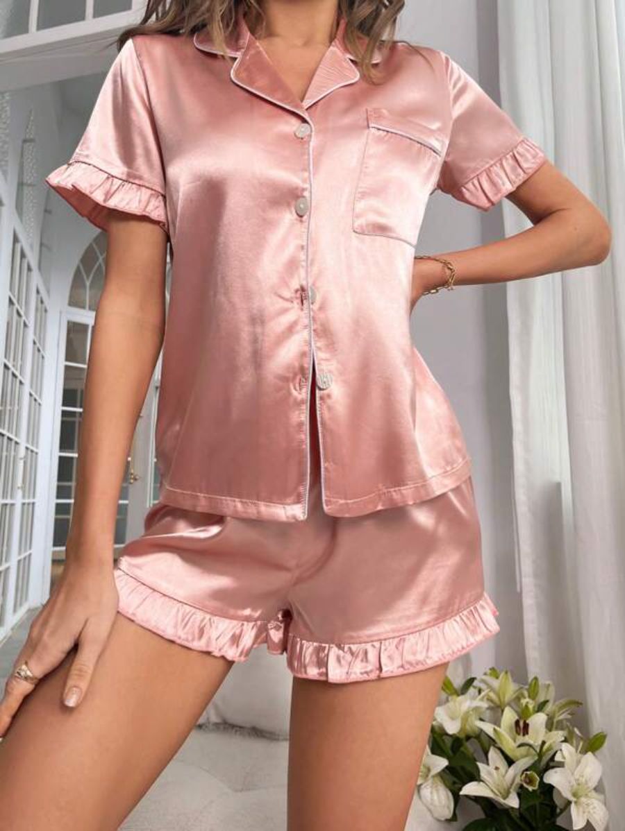 Contrast Binding Ruffle Trim Satin Set Light Pink