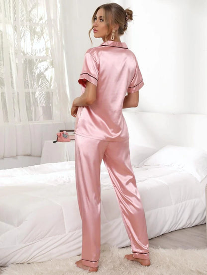 Contrast Comfy Binding Button Front Satin Pajama Set