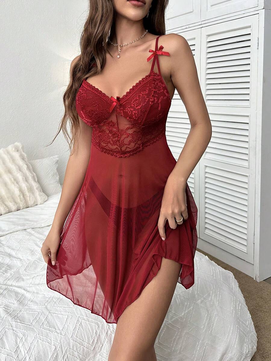 Contrast Lace Bow Front Cami Nightdress Maroon