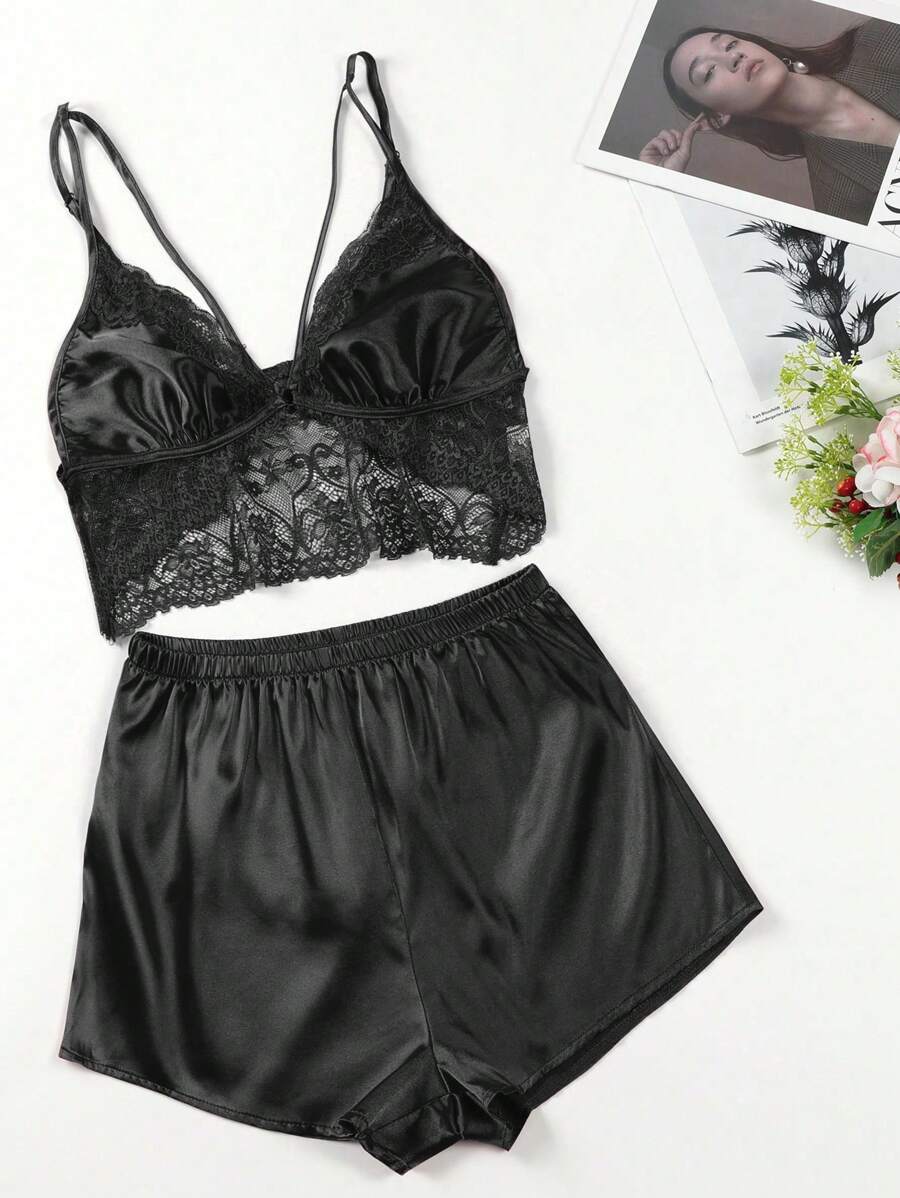 Contrast Lace Harness Satin Cami Top And Shorts Set Black