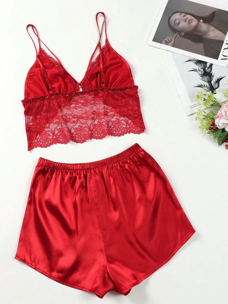 Contrast Lace Harness Satin Cami Top And Shorts Set