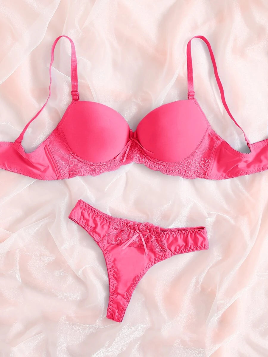 Contrast Lace Push Up Lingerie Set Pink