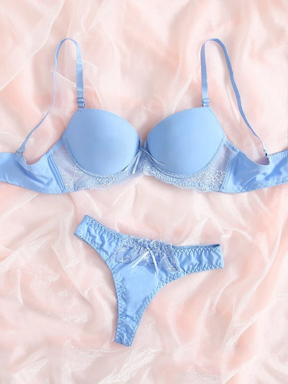 Contrast Lace Push Up Lingerie Set Blue