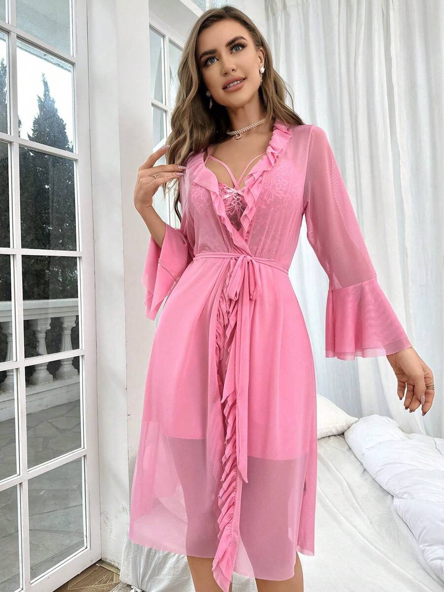 Ruffle Trim Cami Nightdress And Robe Set