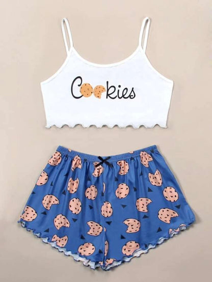 Cookies And Letter Graphic Lettuce Trim Cami Set