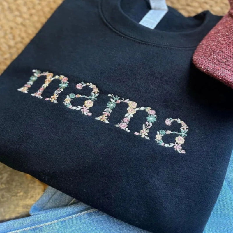 Custom Embroidered Mama Grandma Floral Hoodie Sweatshirt T Shirt Spring Multicolored