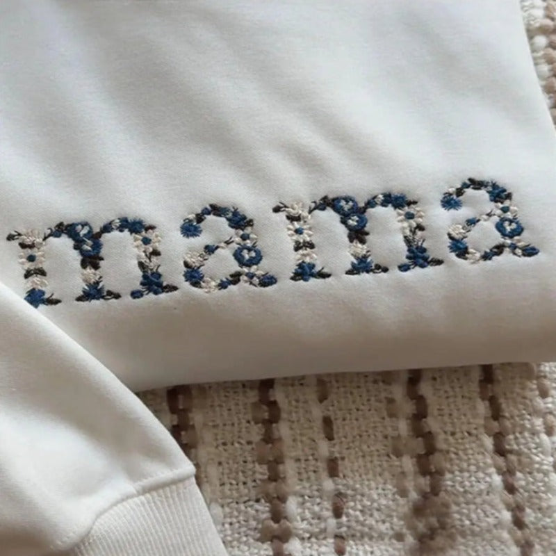 Custom Embroidered Mama Grandma Floral Hoodie Sweatshirt T Shirt Blue