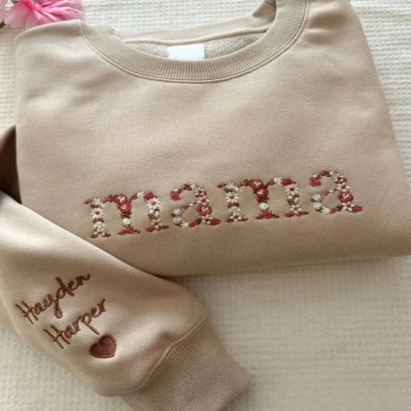 Custom Embroidered Mama Grandma Floral Hoodie Sweatshirt T Shirt Neutral Rosy