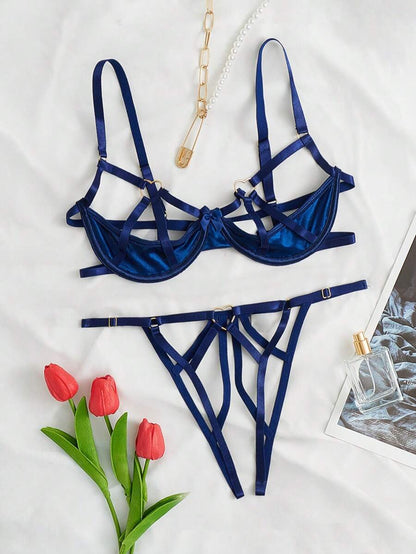 Two Pieces Underwire Lingerie Set Dark Blue