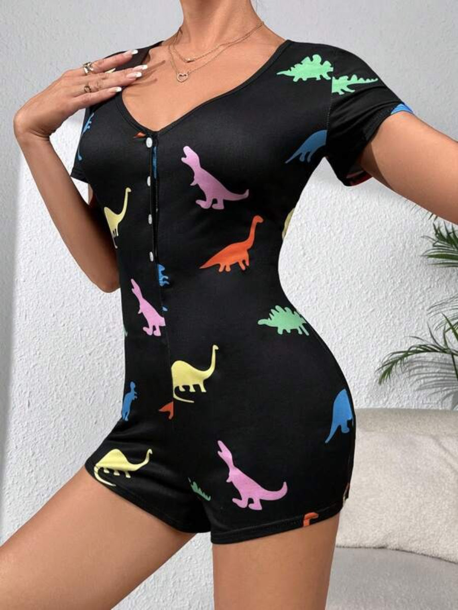 Dinosaur Print Half Button Front Sleep Romper