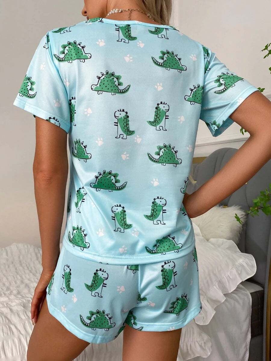 Dinosaur Print Pajama Set With Mask