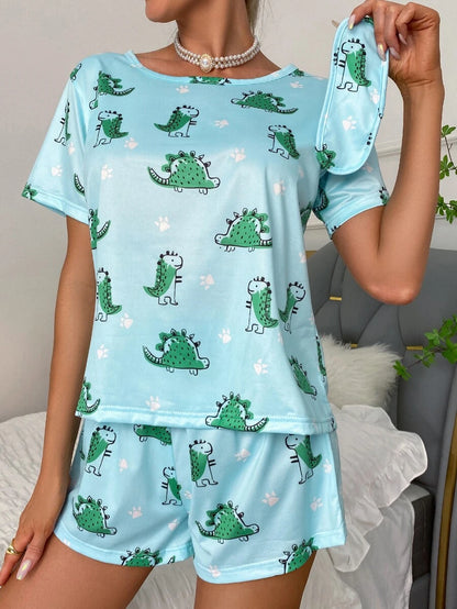 Dinosaur Print Pajama Set With Mask