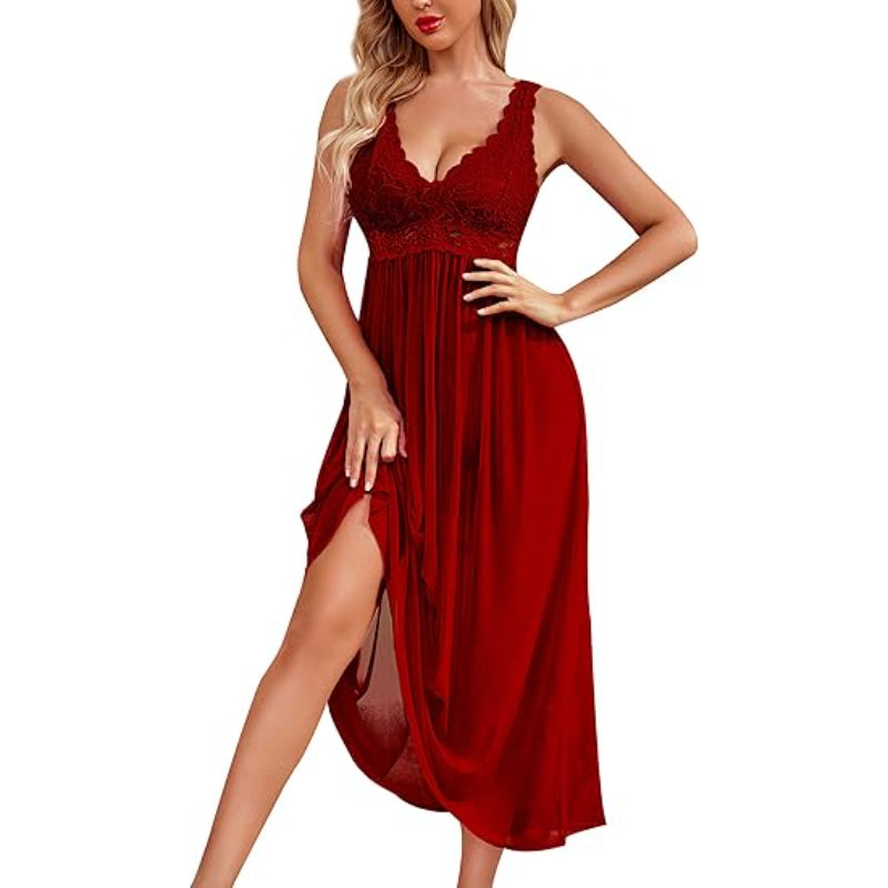 Elegant Lace Trimmed Nightdress Dark Red