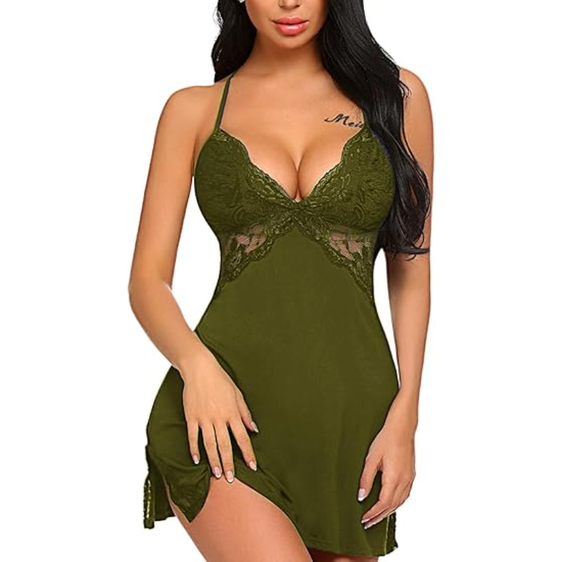 Elegant Lace Trimmed Spaghetti Strap Dress Green