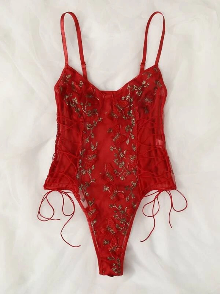 Embroidered Mesh Lace Up Teddy Bodysuit Red