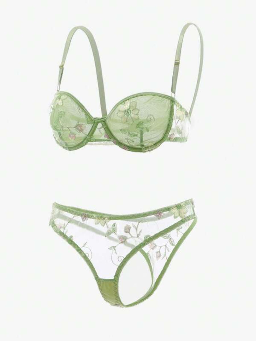 Embroidery Mesh Design Underwire Lingerie Set Green