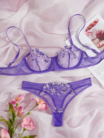 Embroidery Mesh Lingerie Set