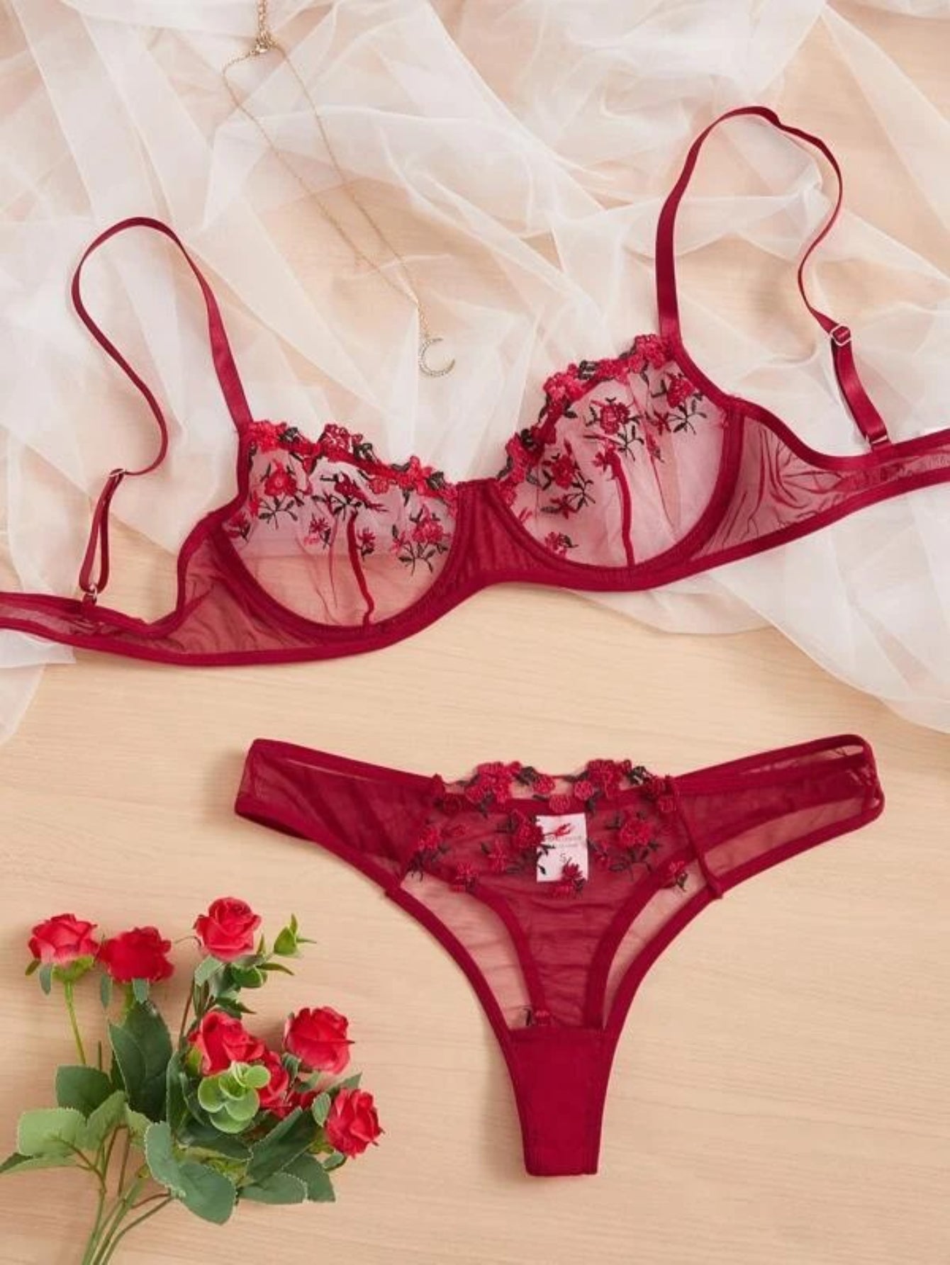 Embroidery Mesh Lingerie Set