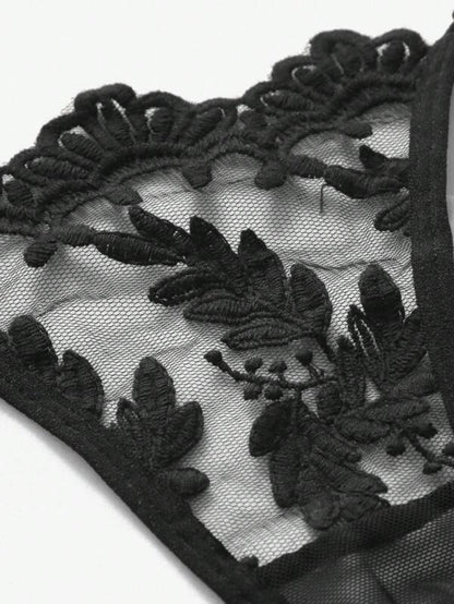 Embroidery Sheer Mesh Underwire Lingerie Set