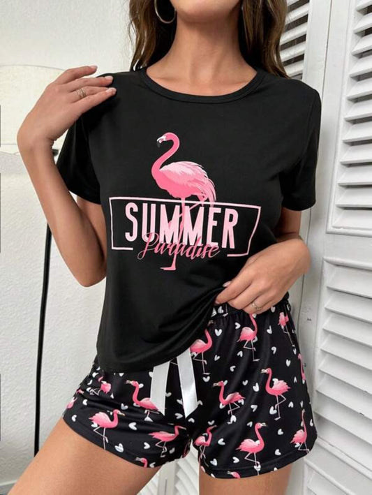 Flamingo And Letter Graphic Tee And Shorts Set