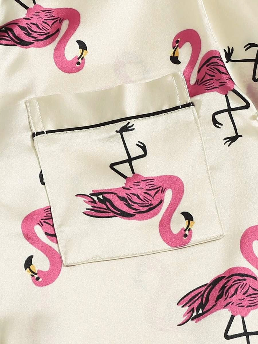 Flamingo Print Satin Pajama Set