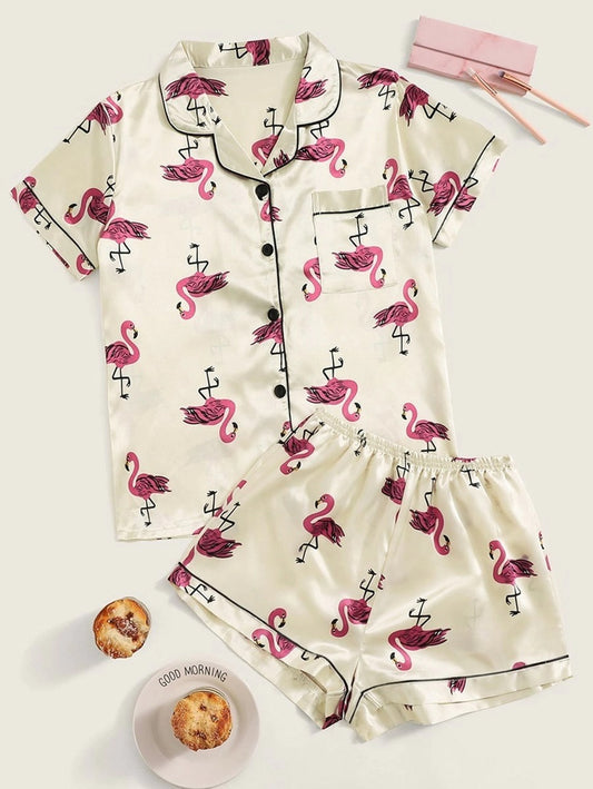 Flamingo Print Satin Pajama Set