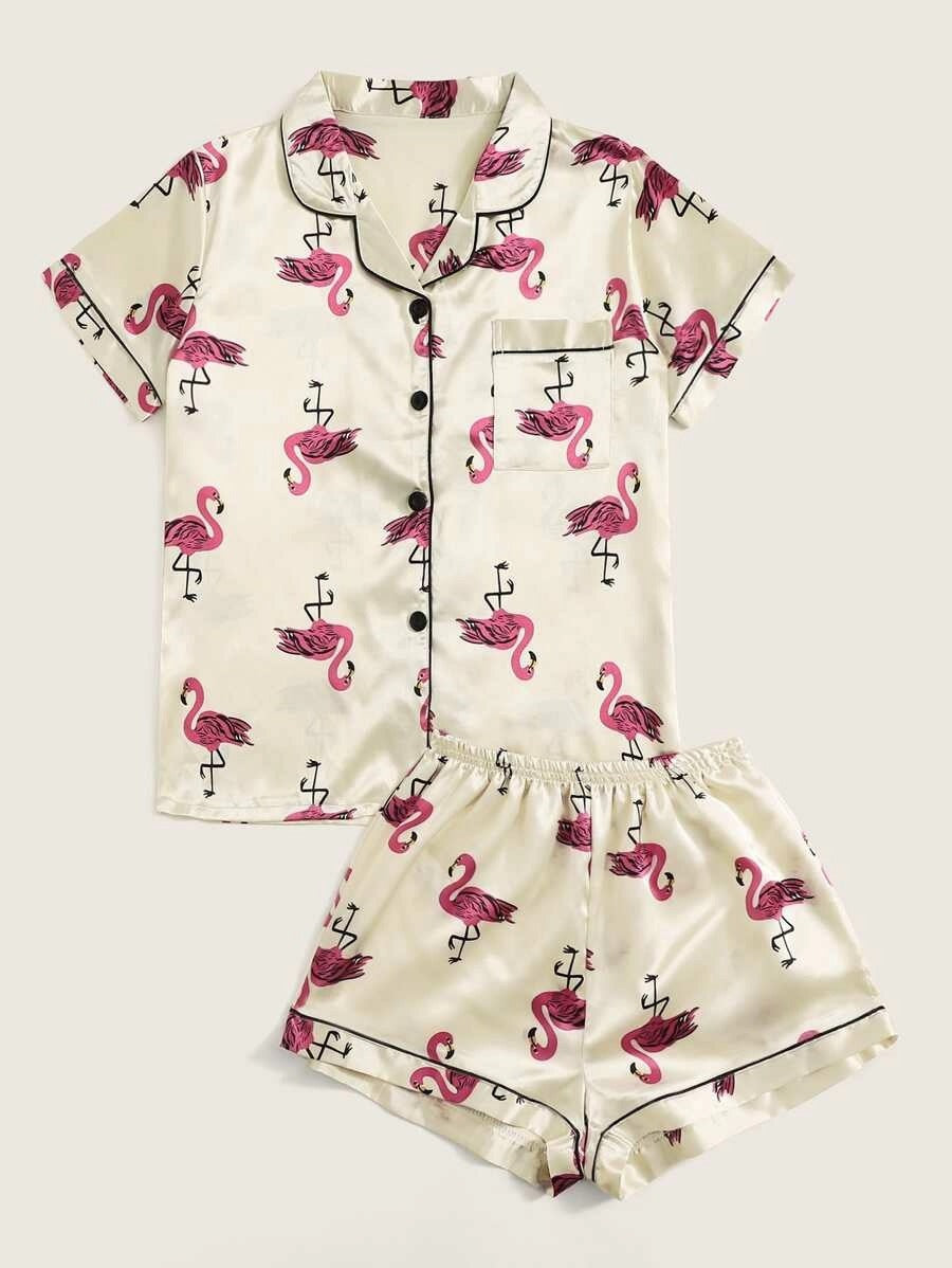 Flamingo Print Satin Pajama Set Beige