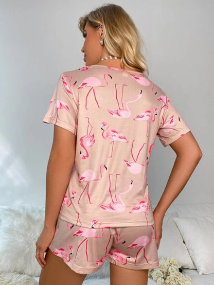 Flamingo Print Shorts Set With Mask