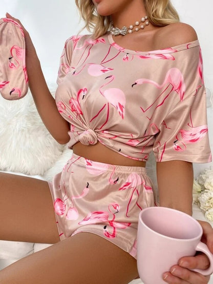 Flamingo Print Shorts Set With Mask