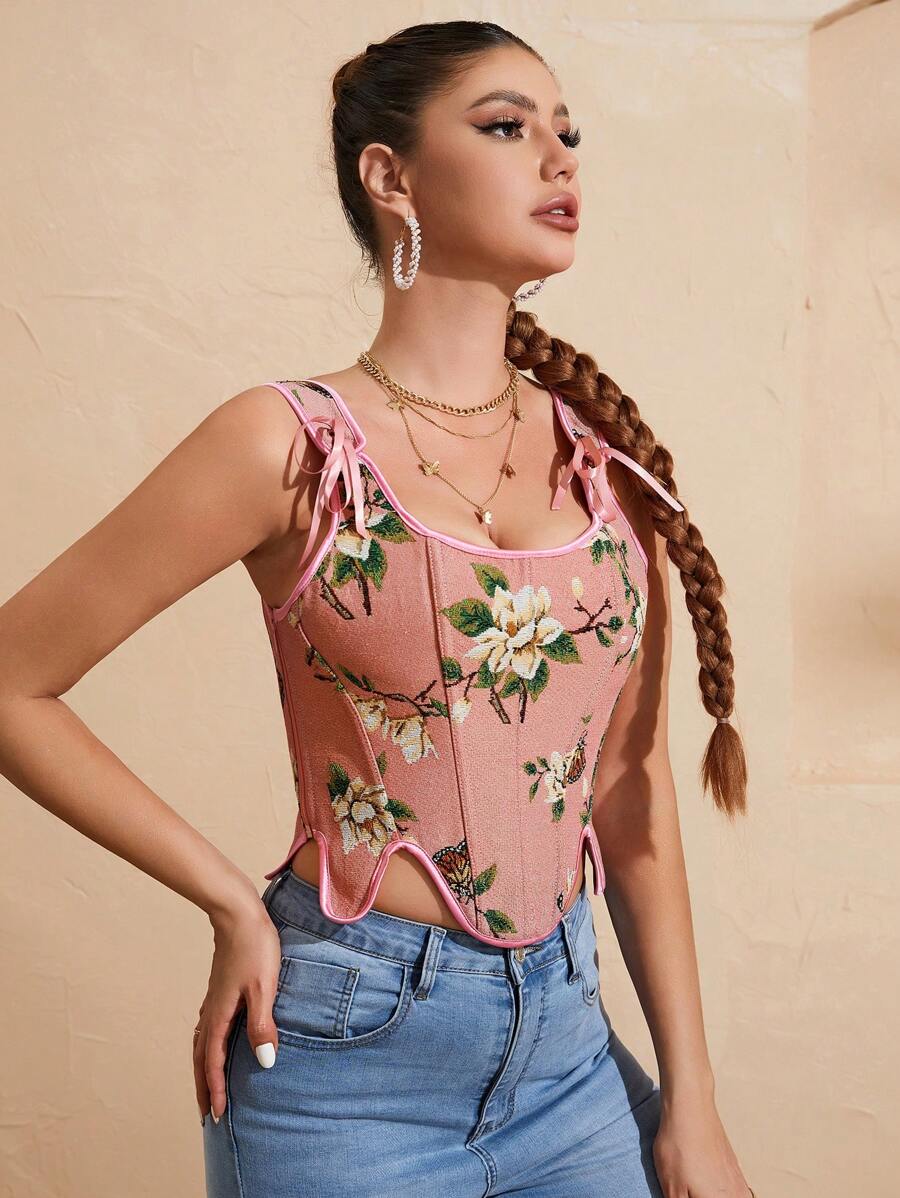 Floral And Butterfly Print Lace Up Corset Top