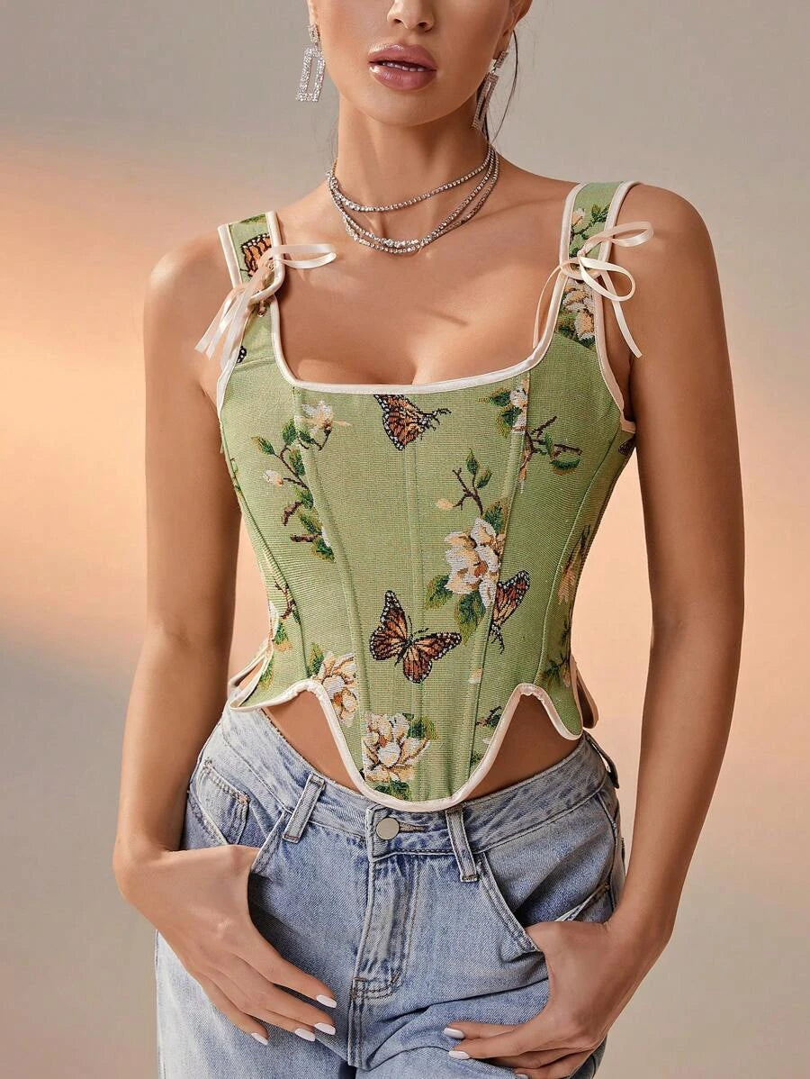 Floral And Butterfly Print Lace Up Corset Top Green