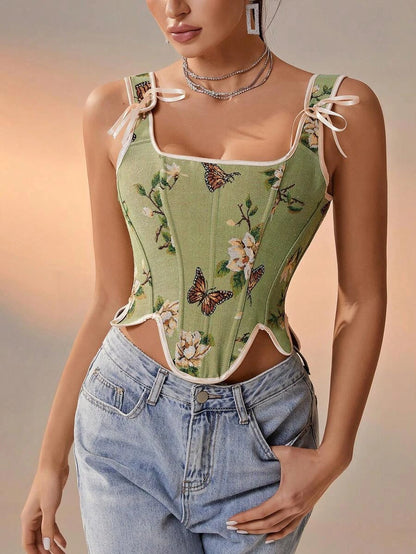 Floral And Butterfly Print Lace Up Corset Top