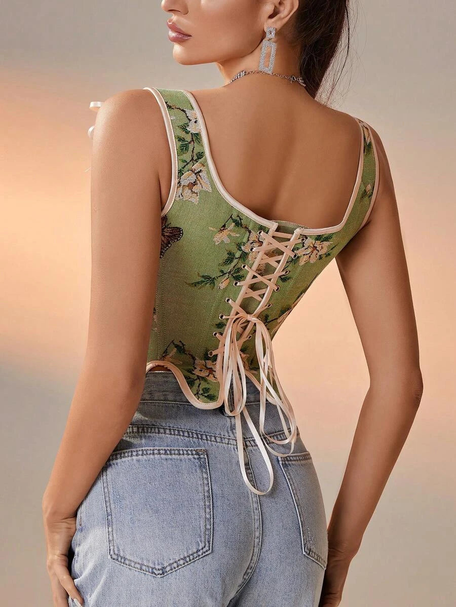 Floral And Butterfly Print Lace Up Corset Top