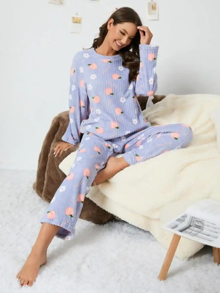 Floral And Peach Pattern Flannelette Pajama Set