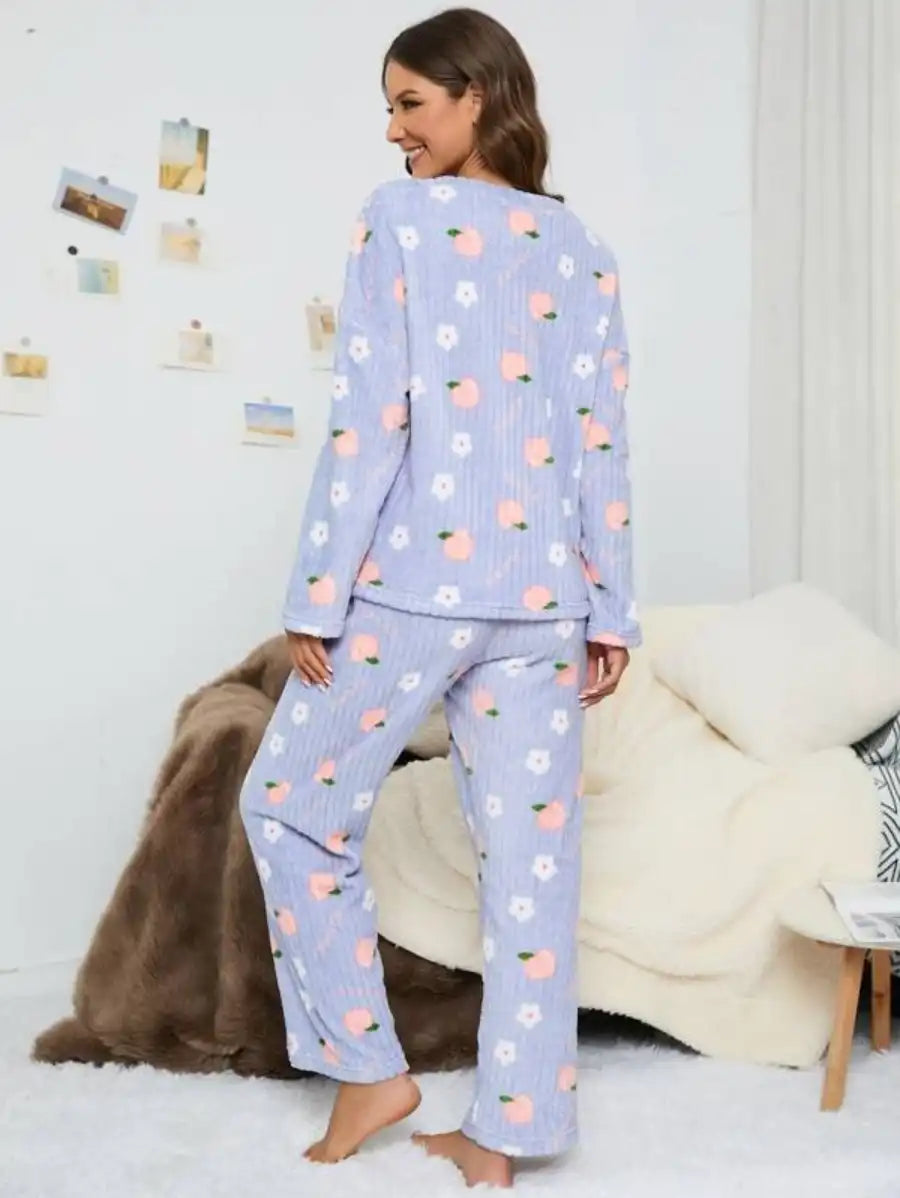 Floral And Peach Pattern Flannelette Pajama Set