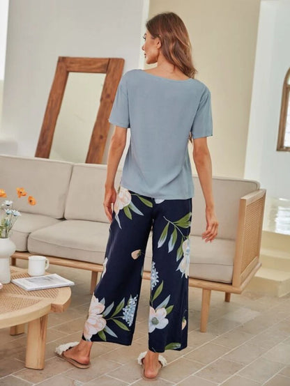 Floral Design Knot Front Pants PJ Set