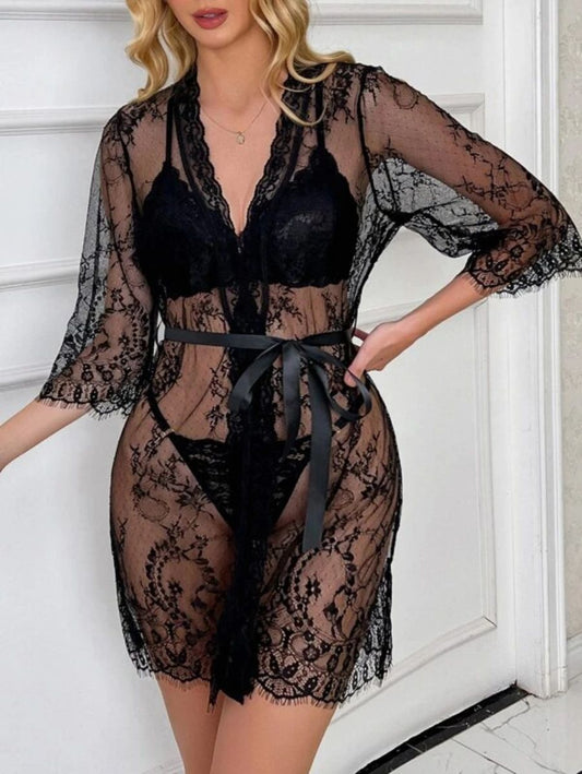 Floral Lace Belted Robe Lingerie Black