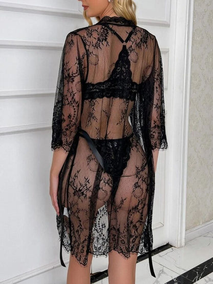 Floral Lace Belted Robe Lingerie