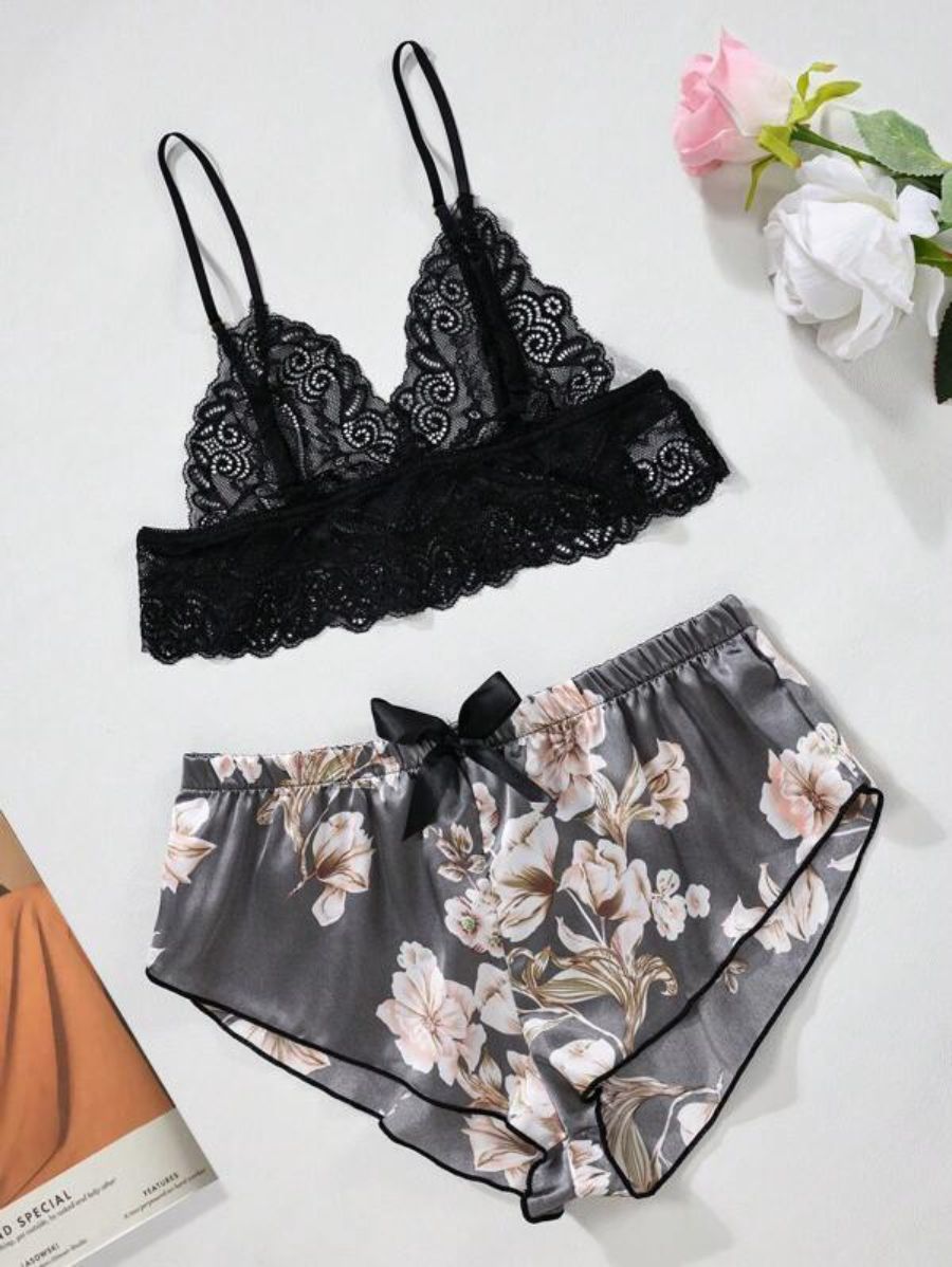 Floral Lace Bralette And Floral Pattern Panty Lingerie Set