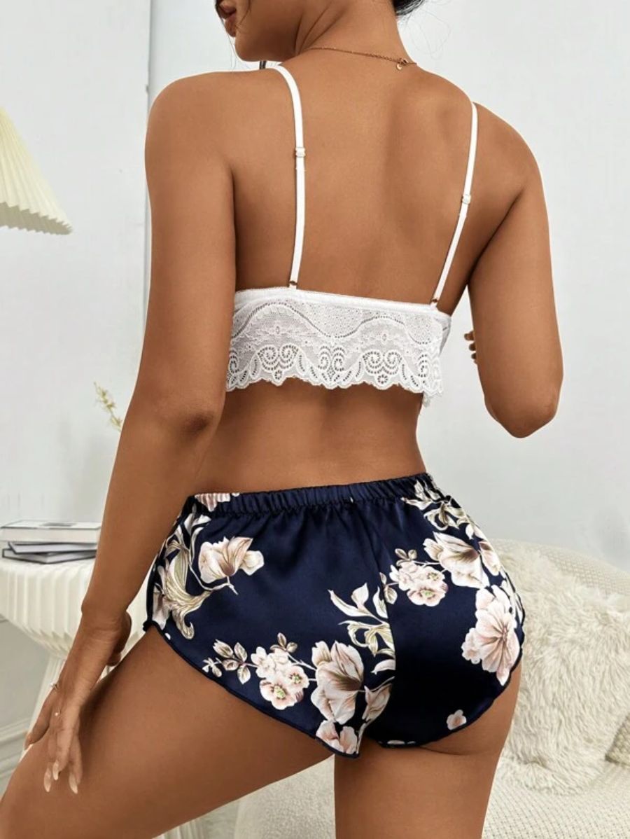 Floral Lace Bralette And Floral Pattern Panty Lingerie Set