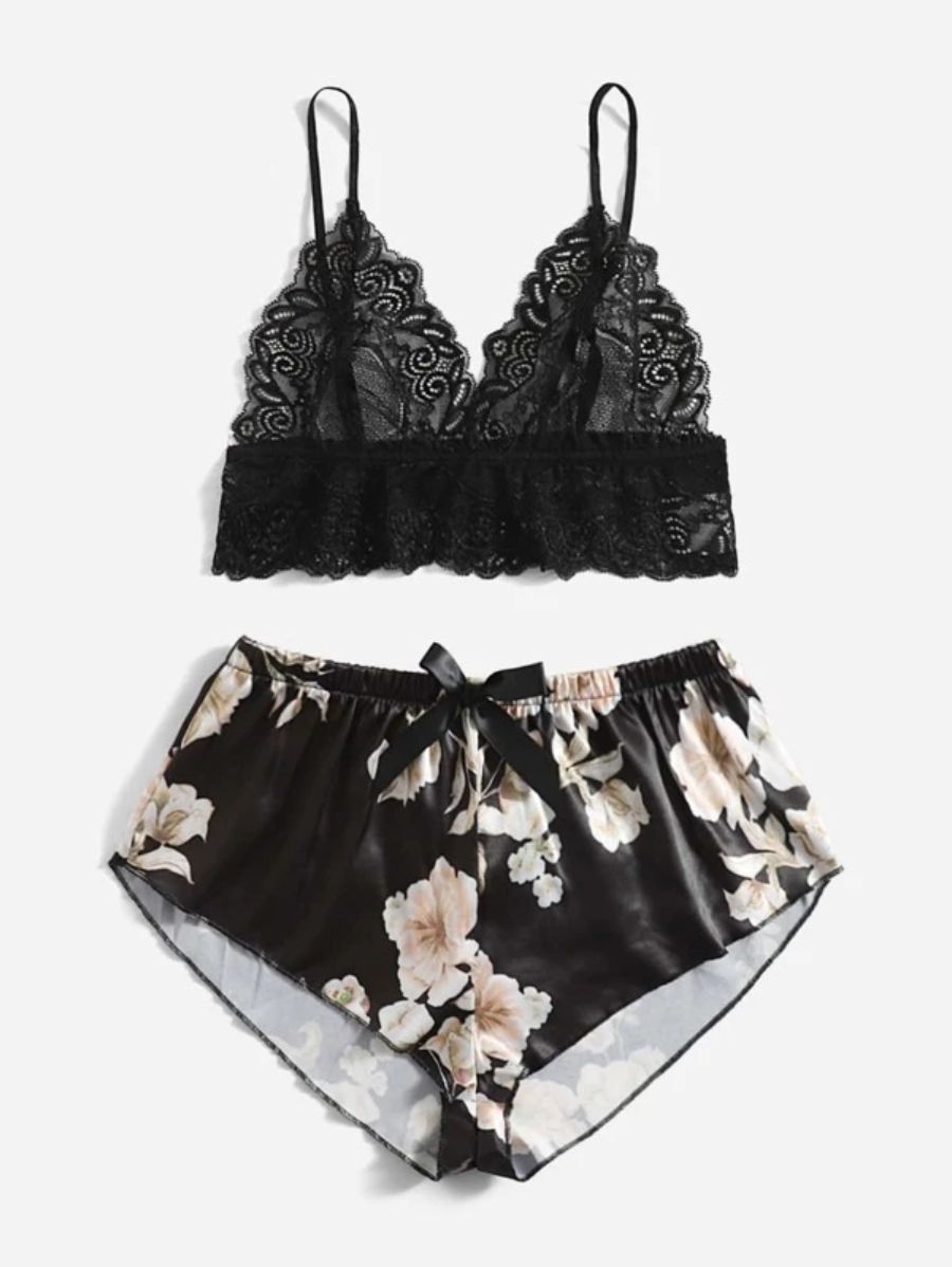 Floral Lace Bralette And Floral Pattern Panty Lingerie Set