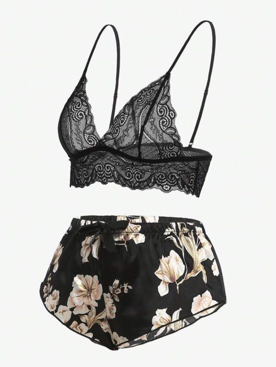 Floral Lace Bralette And Floral Pattern Panty Lingerie Set