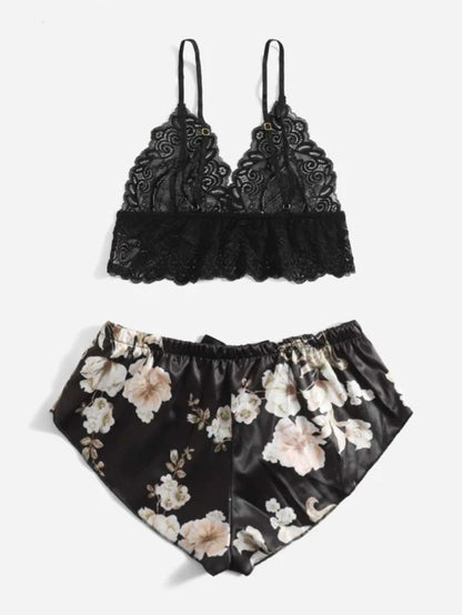 Floral Lace Bralette And Floral Pattern Panty Lingerie Set Black