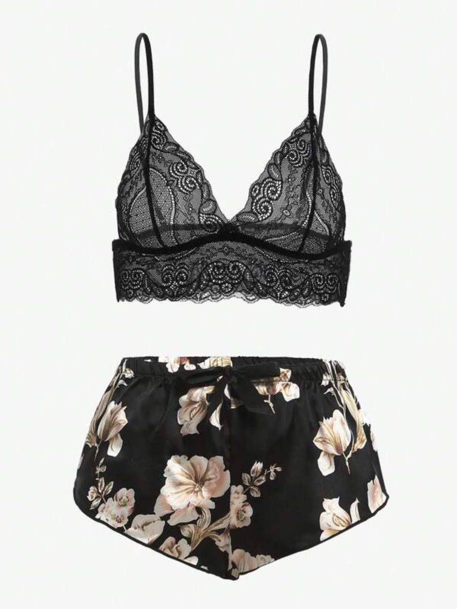 Floral Lace Bralette And Floral Pattern Panty Lingerie Set