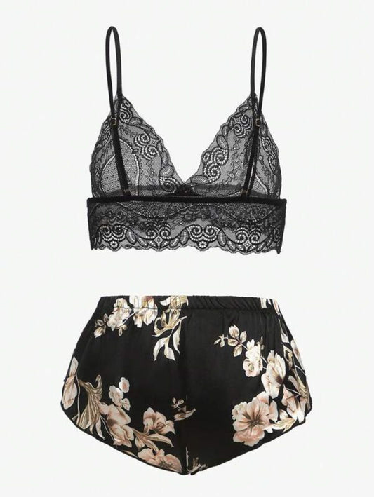 Floral Lace Bralette And Floral Pattern Panty Lingerie Set