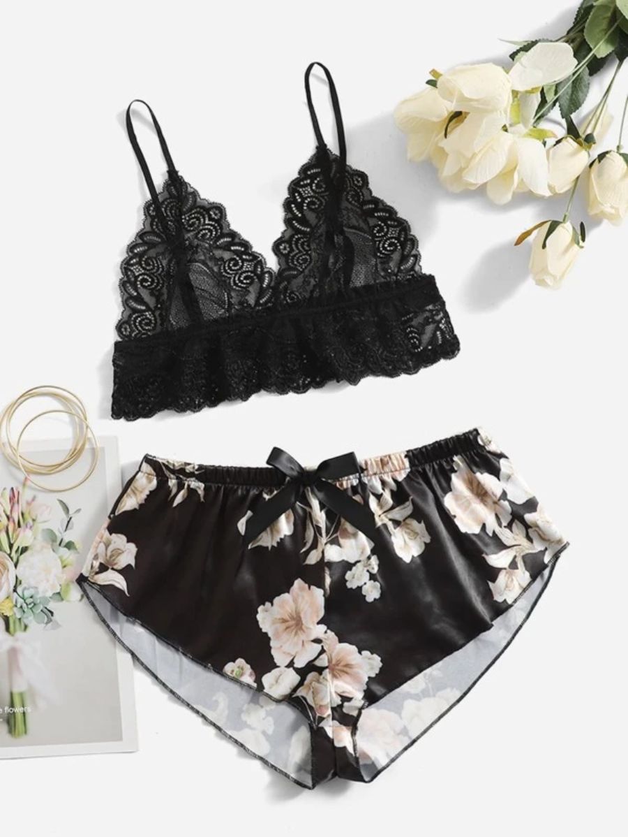 Floral Lace Bralette And Floral Pattern Panty Lingerie Set