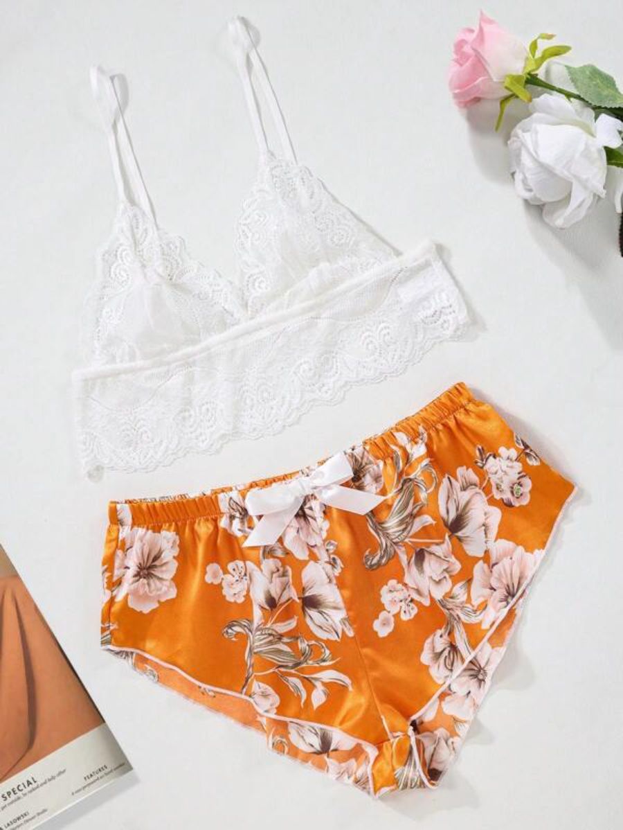 Floral Lace Bralette And Floral Pattern Panty Lingerie Set Orange