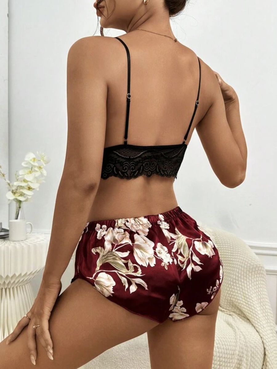 Floral Lace Bralette And Floral Pattern Panty Lingerie Set