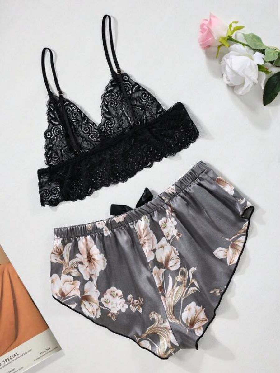 Floral Lace Bralette And Floral Pattern Panty Lingerie Set Gray